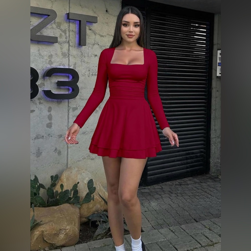 Elegant Red Square Neck, Ruffle Hem, Ruched Waist Dress